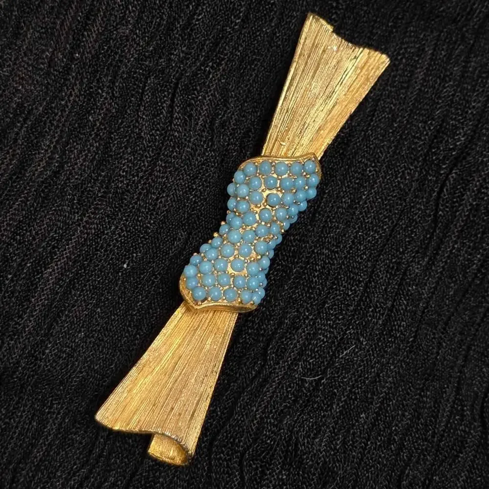 Vintage Gold Tone Brooch Blue Bow Mid Century Retro Unsigned